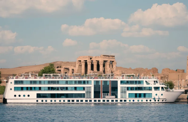 MS Le Fayan Nile cruise includes modern sun deck, pool, large lounges, bar, and gym