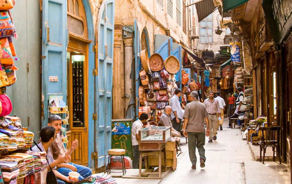 Khan el-Khalili is a famous bazaar in the historic center of Cairo, Egypt