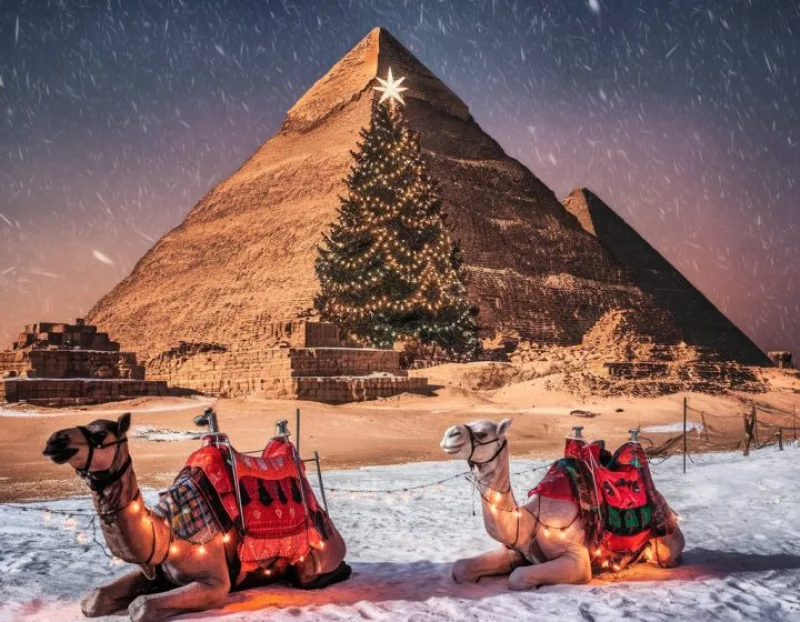 Giza Pyramids Pyramids of Giza on Christmas Eve decorated for Christmas in Egypt 2026