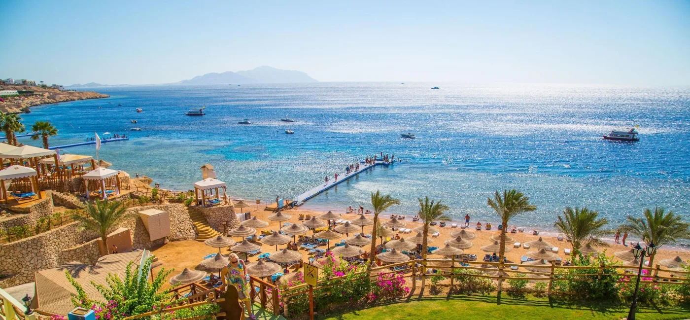 Scenic Red Sea coastline in Sharm El Sheikh with turquoise water and sunny skies