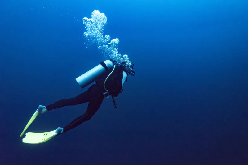 Scuba diver exploring colorful coral reefs underwater in Sharm El Sheikh