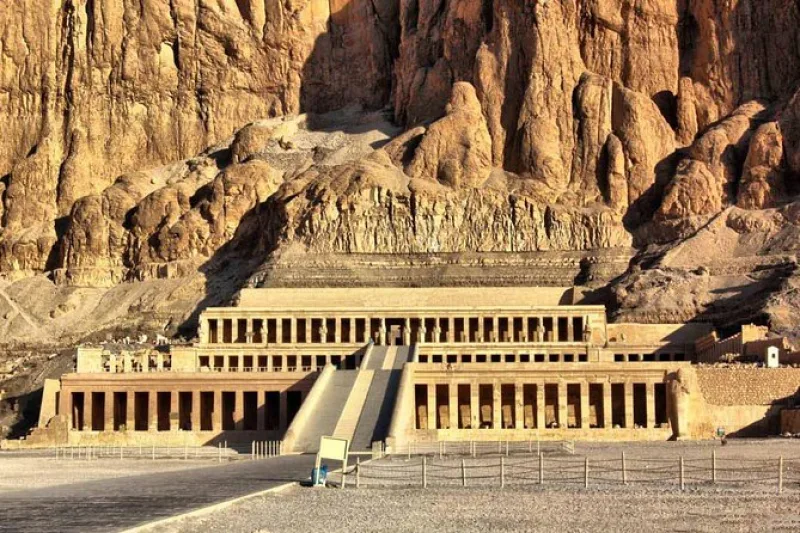 Panoramic view of Hatshepsut Temple built into the cliffs at Deir el-Bahari