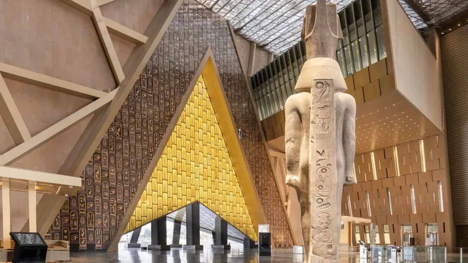 Grand Egyptian Museum inside view featuring historic artifacts and exhibits
