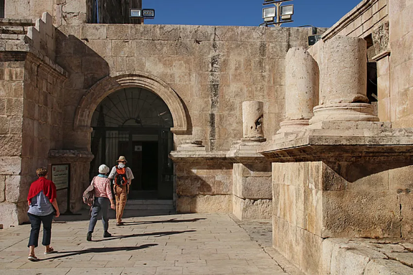 Entrance of the Jordan Folklore Museum in Amman showing traditional Jordanian architecture