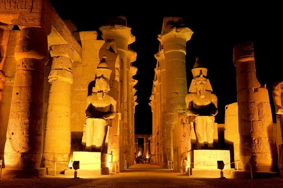 Ancient Luxor Temple framed by the rare Egypt Solar Eclipse light