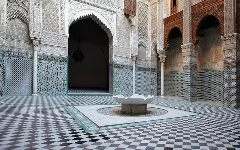 Intricate architecture of Bou Inania Madrasa in Fez, Morocco