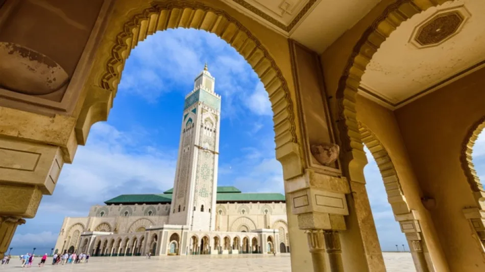View of Hassan II Mosque in Casablanca, Morocco, featuring its towering minaret