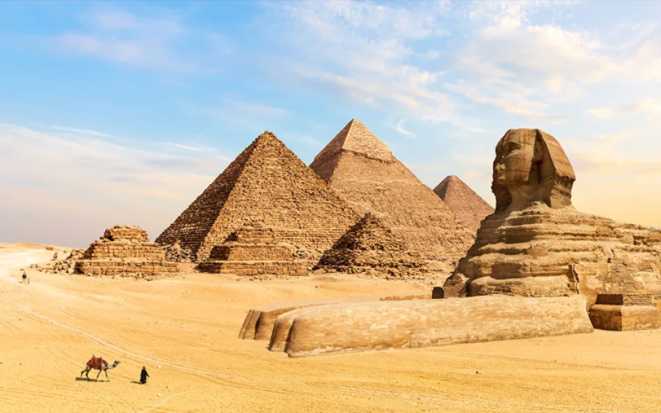 View of the Great Pyramids of Giza with the Great Sphinx in Egypt, iconic ancient landmarks