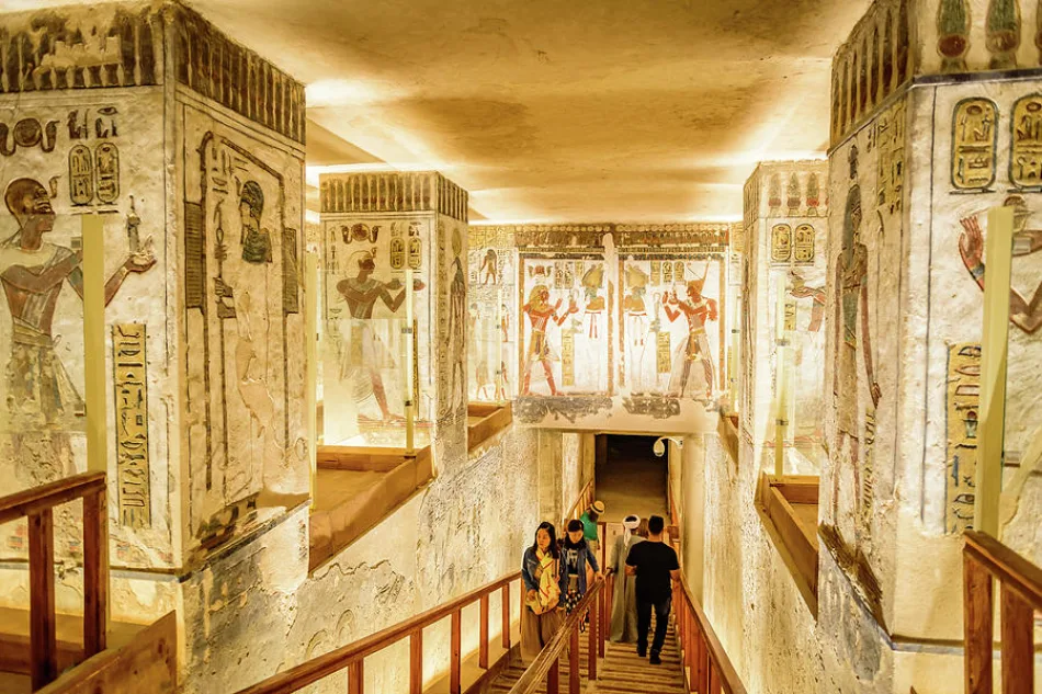 The Valley of the Kings, Luxor, featuring ancient Egyptian decorations and golden walls